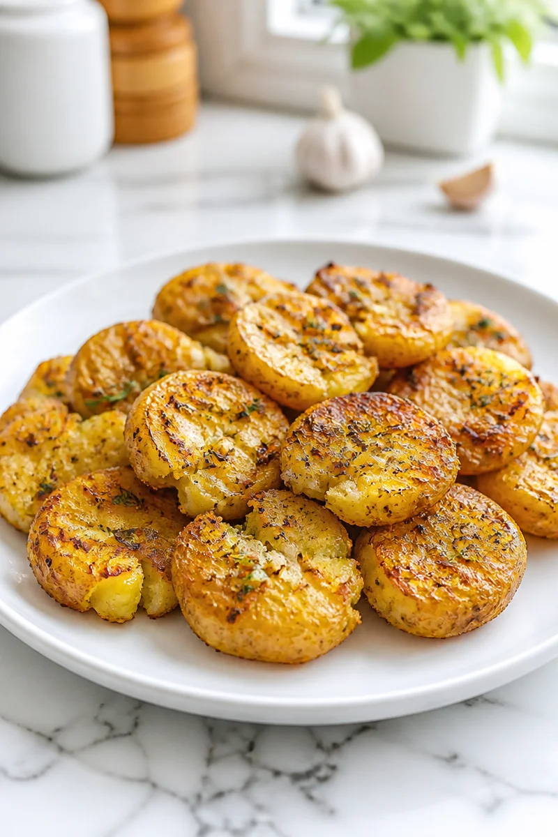 Crispy smashed potatoes with garlic and herbs, garnished for flavor.