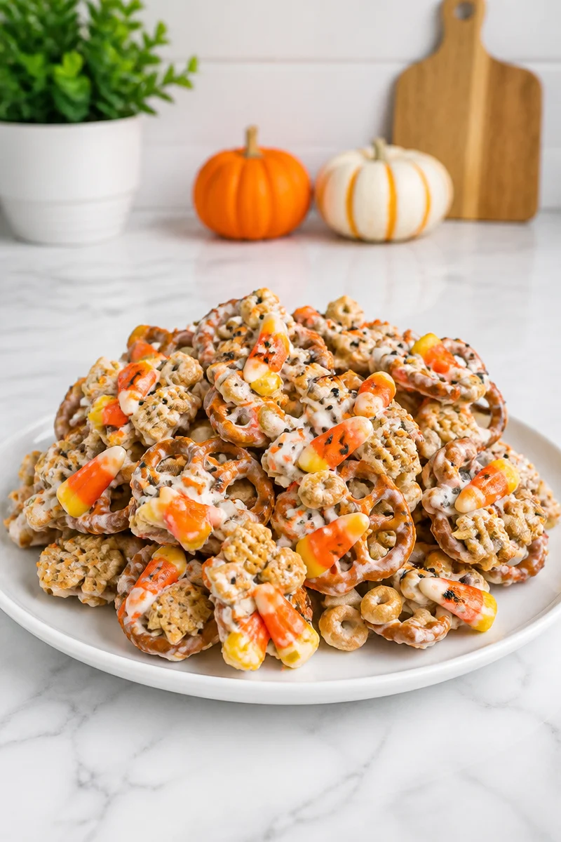 Crock Pot Halloween Snack Mix Crack recipe in a festive bowl