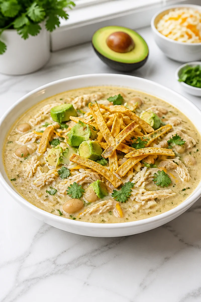 Crockpot White Chicken Enchilada Soup served in a bowl with toppings