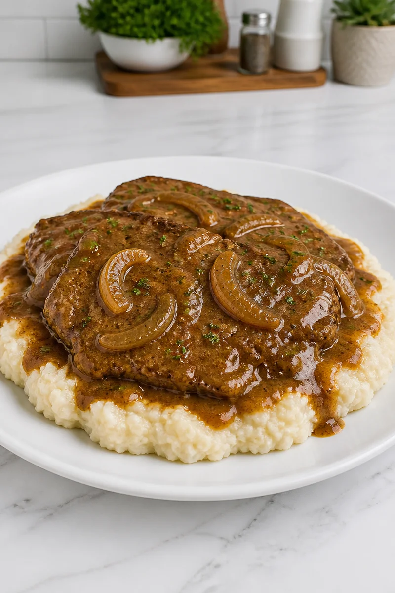 Tender cube steak cooked in gravy using a slow cooker