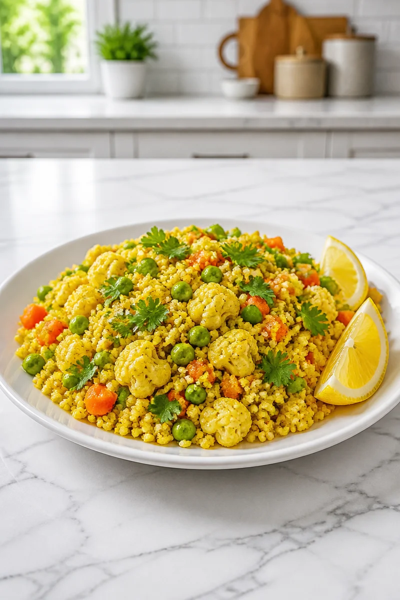 Curried Veggie Couscous Bowl with Turmeric topped with fresh vegetables.