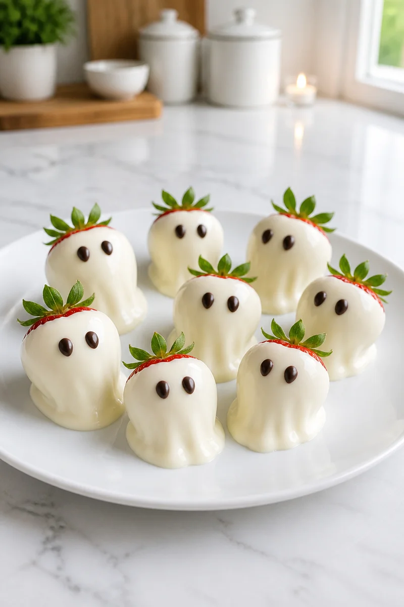 Cute ghost chocolate covered strawberry with spooky eyes and white chocolate drizzle.