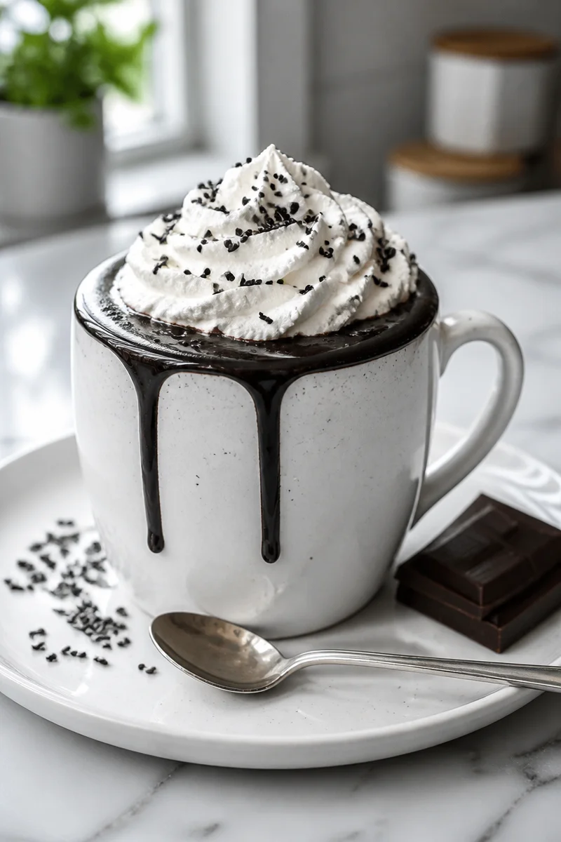 Cup of rich dark hot cocoa made with black cocoa powder