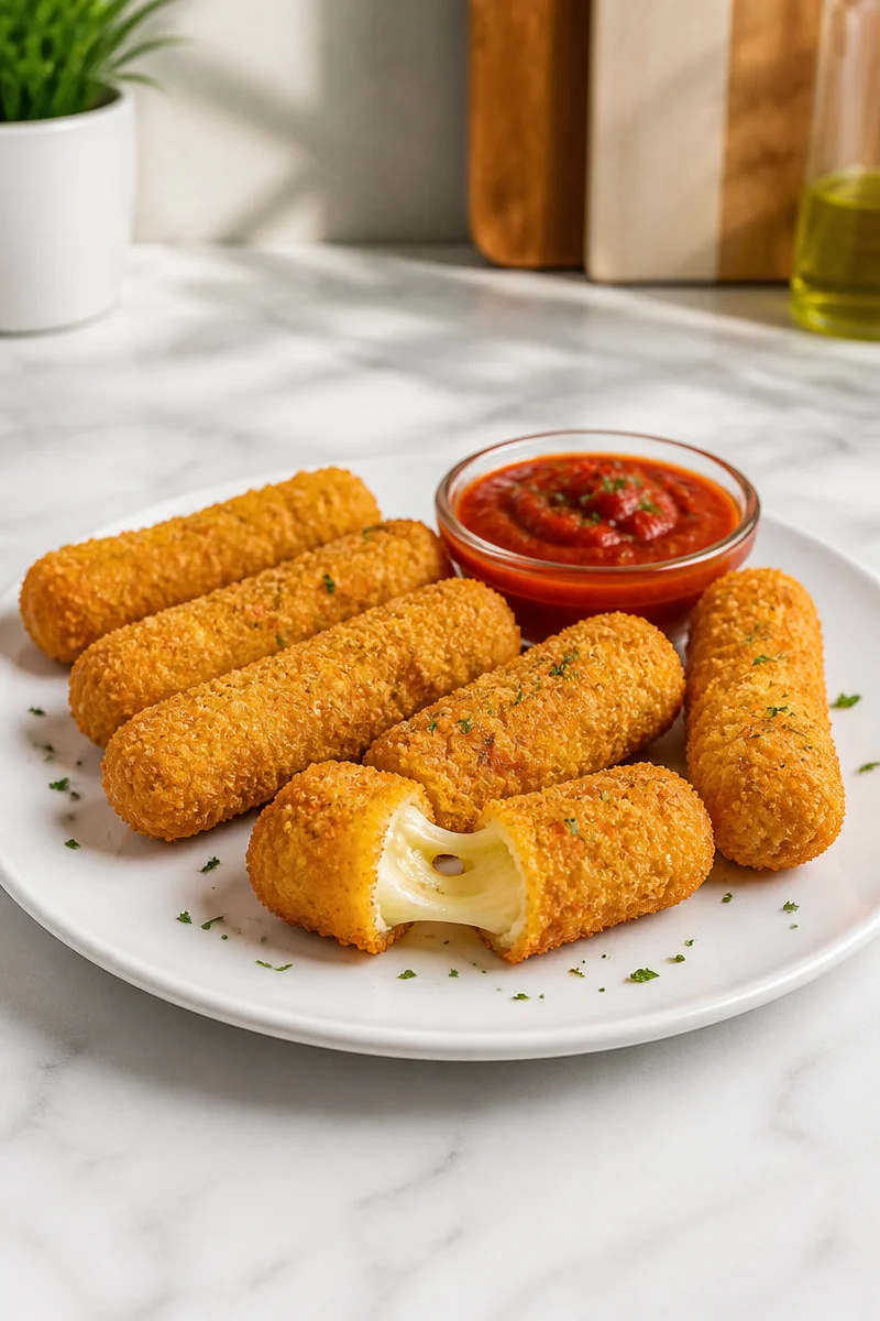 Double coated air fryer mozzarella sticks served with marinara sauce