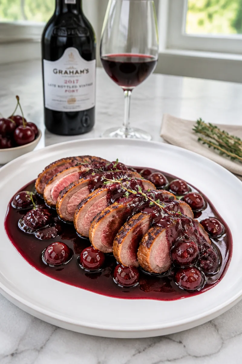 Plated duck breast with cherry port wine reduction garnished with herbs.