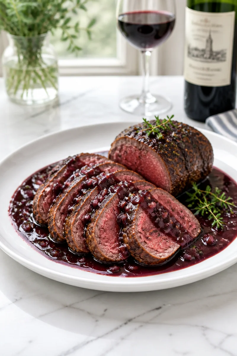 Elegant Beef Tenderloin with Red Wine Reduction dish elegantly plated