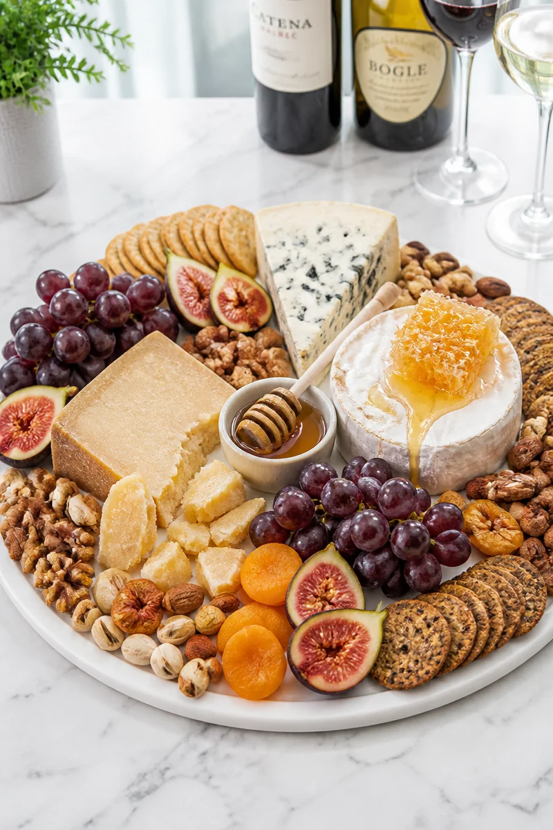 Elegant cheese board featuring figs, honey, and assorted nuts for entertaining.