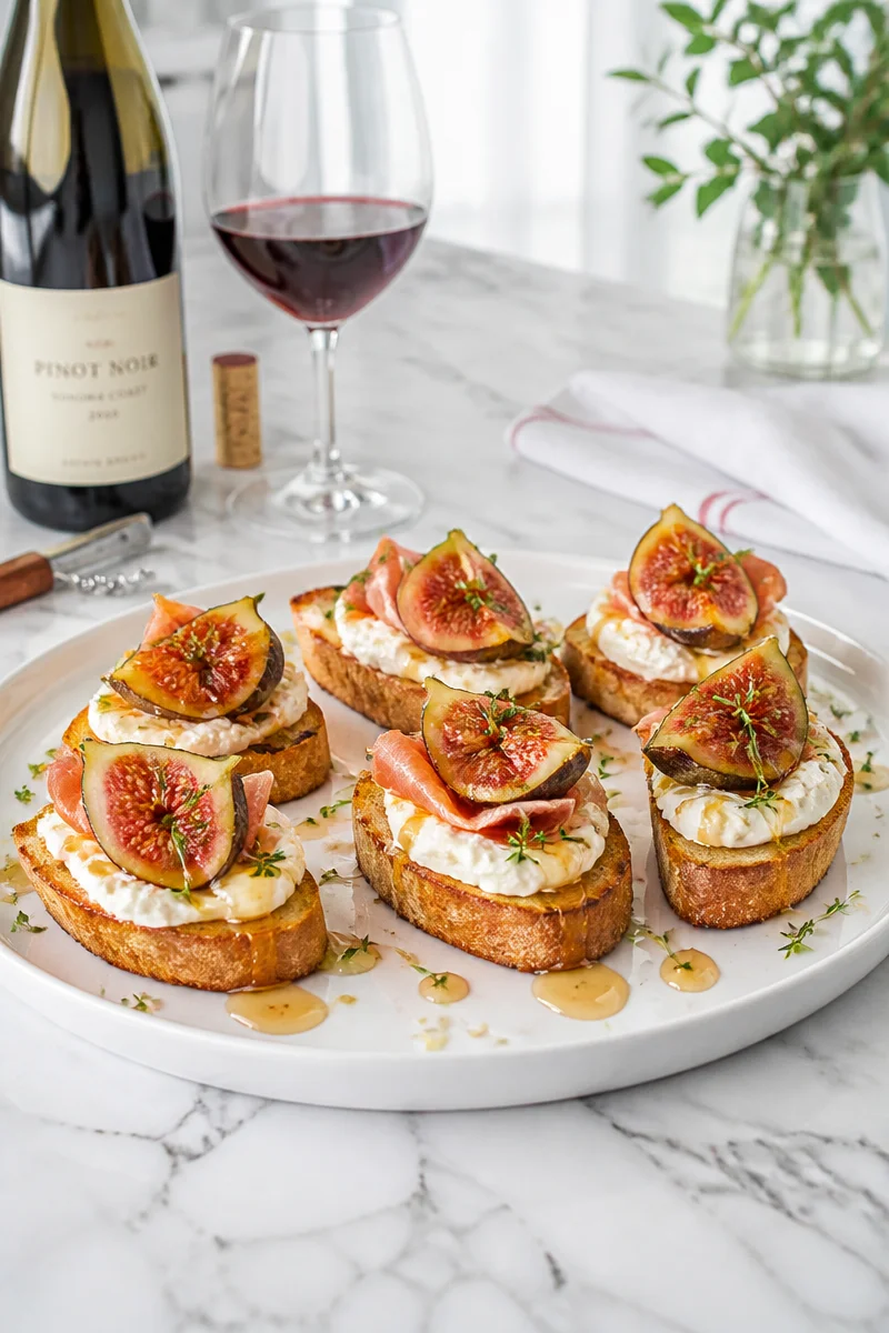 Fig prosciutto burrata crostini with a glass of Pinot
