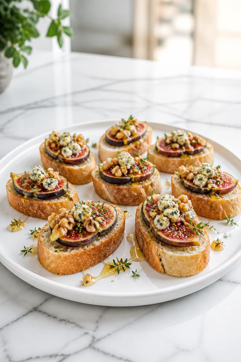 Fig walnut blue cheese crostini appetizer on a rustic platter