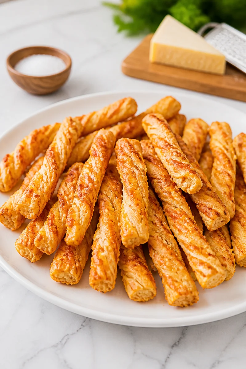 Five Ingredient Parmesan Cheese Straws on a serving platter