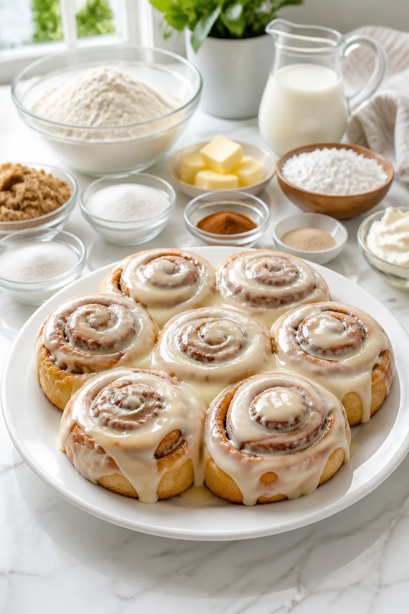 Fluffy homemade cinnamon rolls topped with creamy frosting on a plate