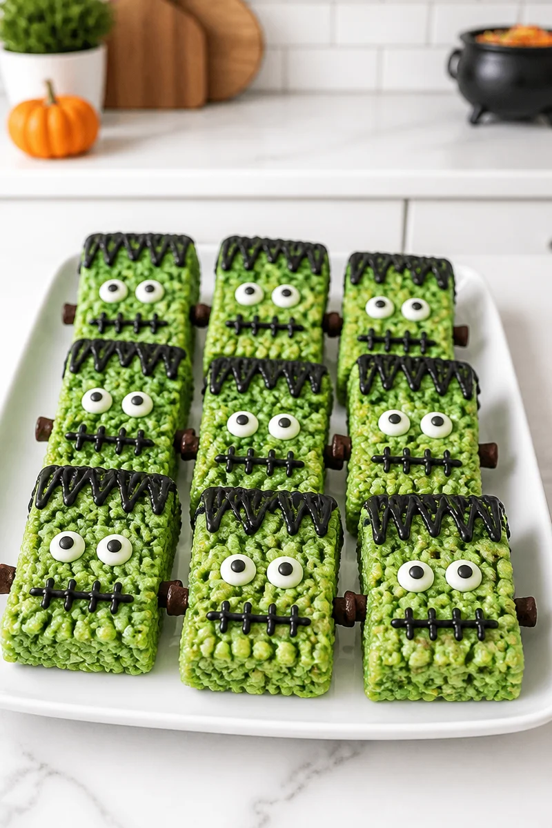 Green Frankenstein Rice Krispie Treats decorated for Halloween