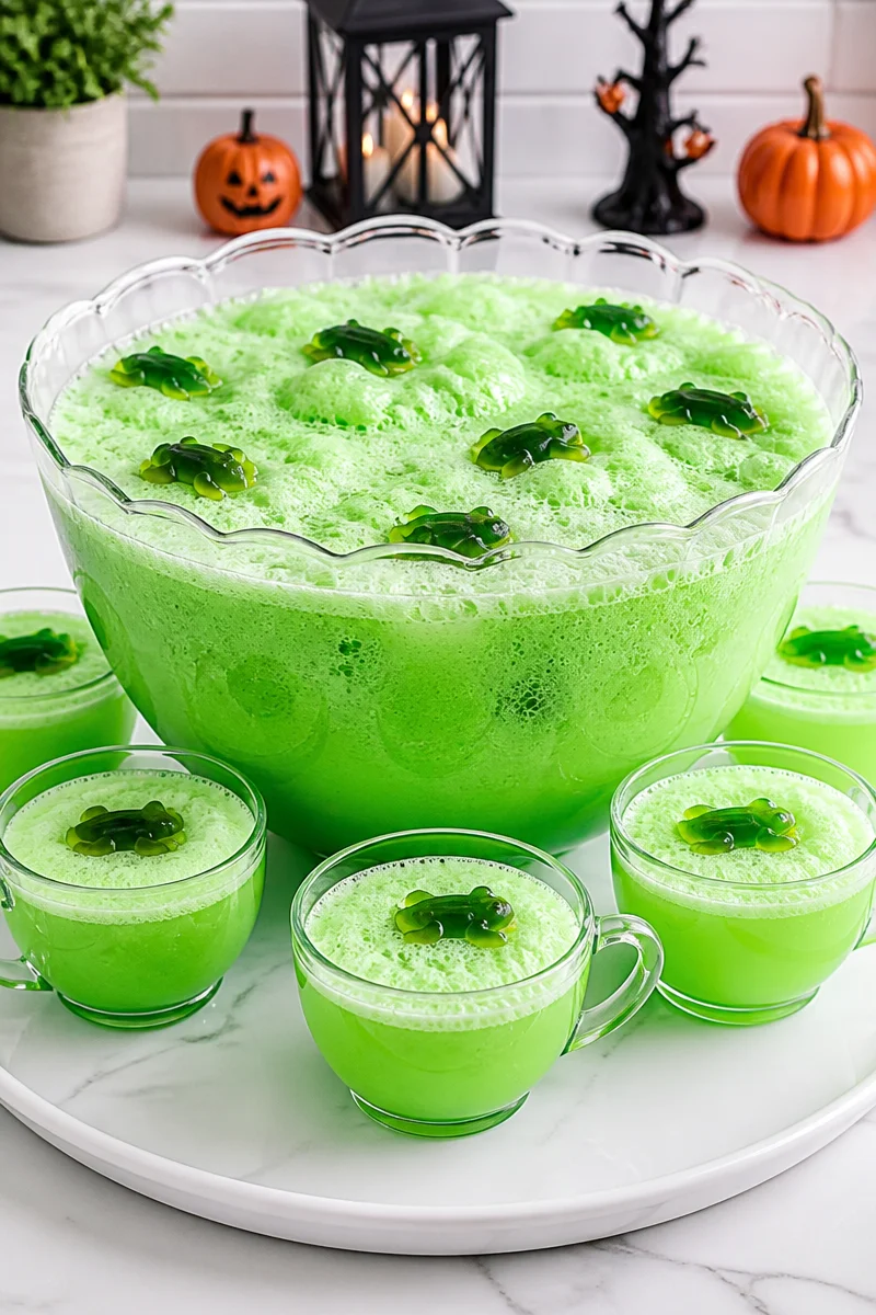 Frog Breath Halloween Lime Sherbet Punch in a festive bowl with spooky decorations.