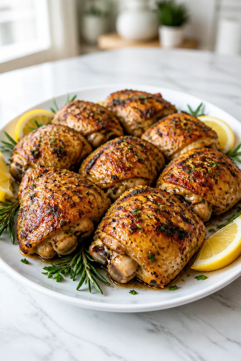 Garlic butter herb roasted chicken thigh served with fresh herbs and garlic