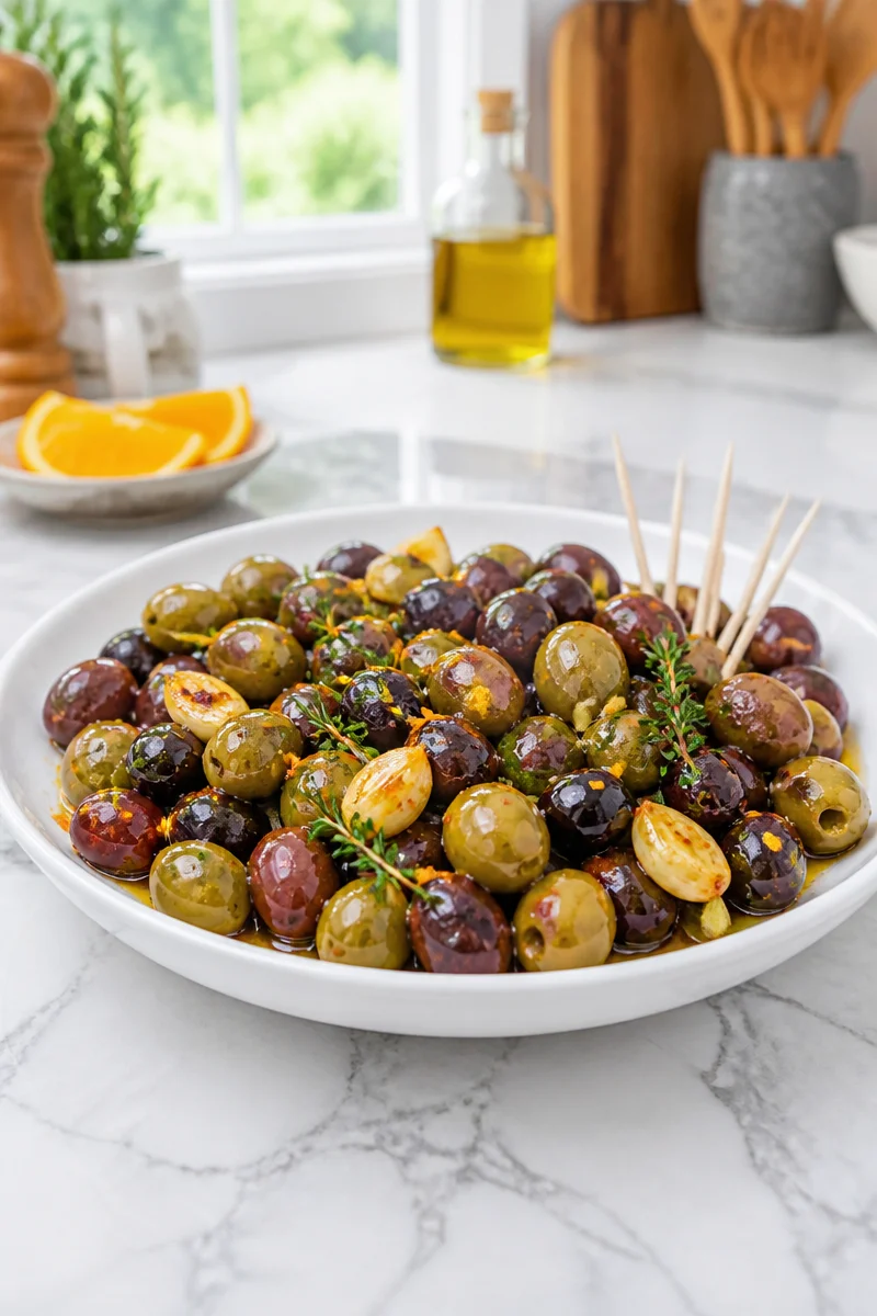 Garlic thyme orange roasted olives in a serving dish