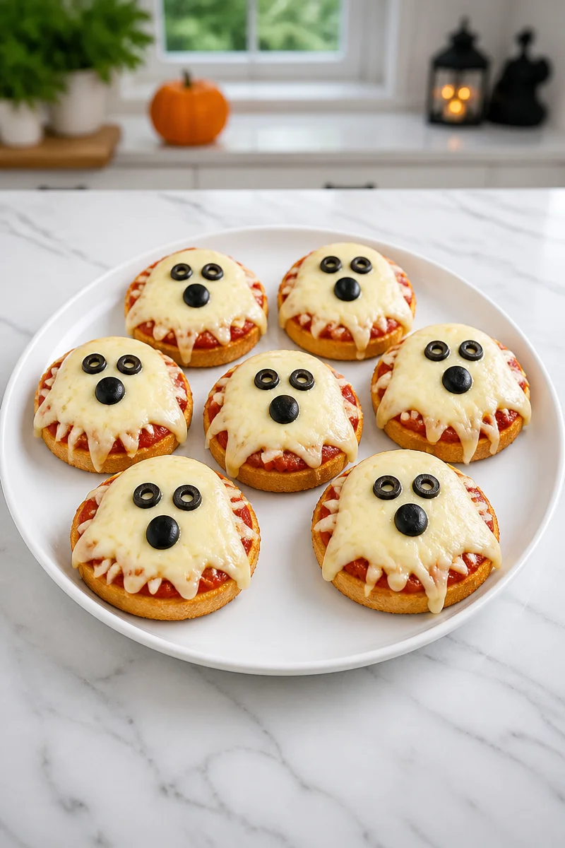 Ghost Pizza Bagel Halloween snack with spooky toppings for a festive treat.