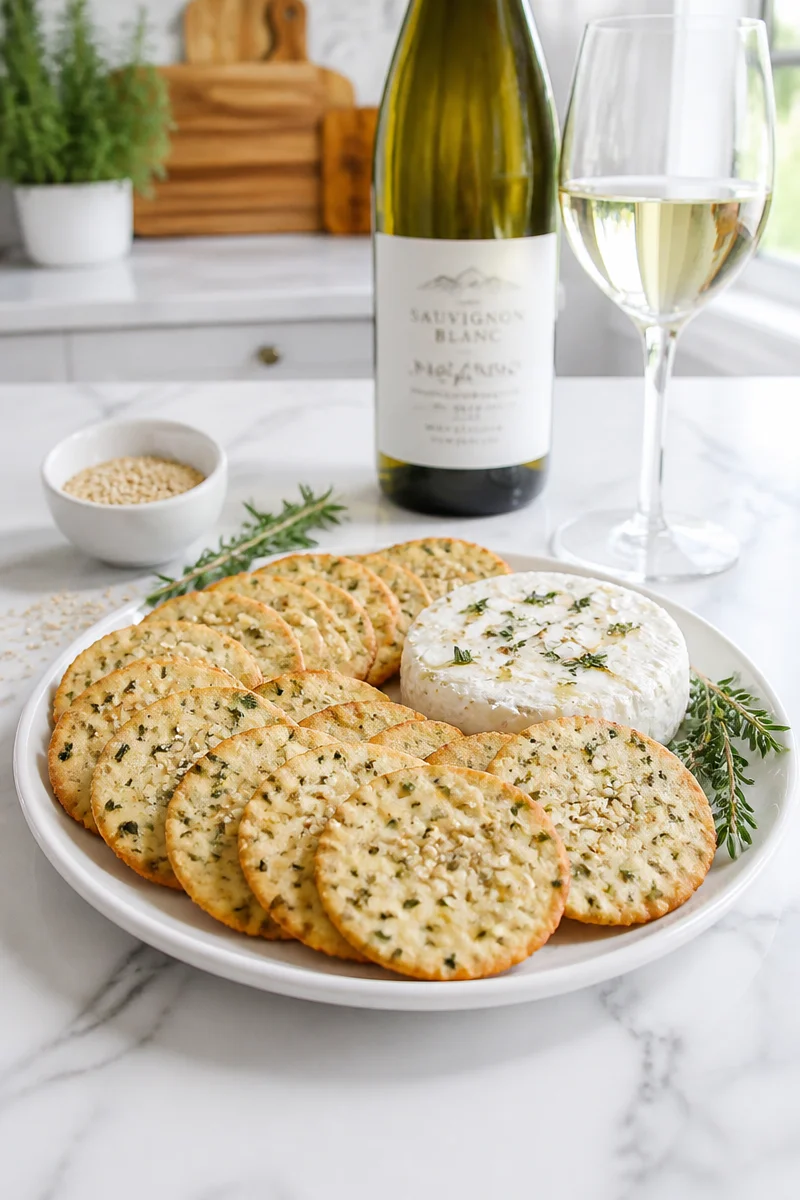 Delicious goat cheese served with herb crackers and wine for pairing