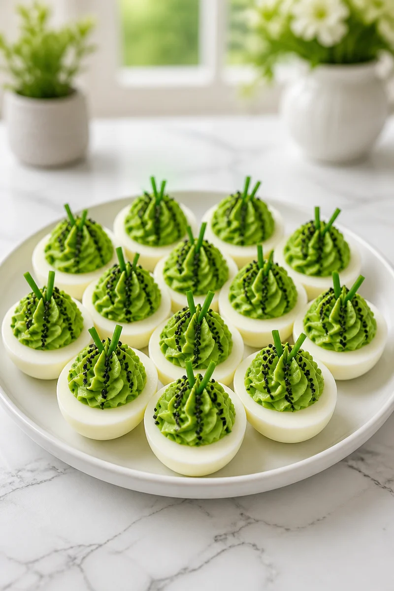 Gourmet Halloween deviled eggs inspired by Beetlejuice, spooky and delicious.