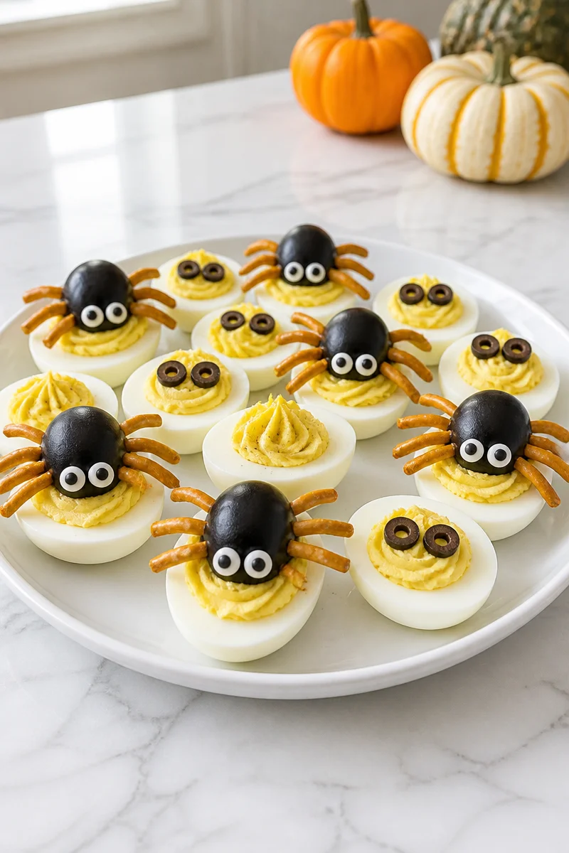 Grape Deviled Egg Critter Halloween Snack on a white plate