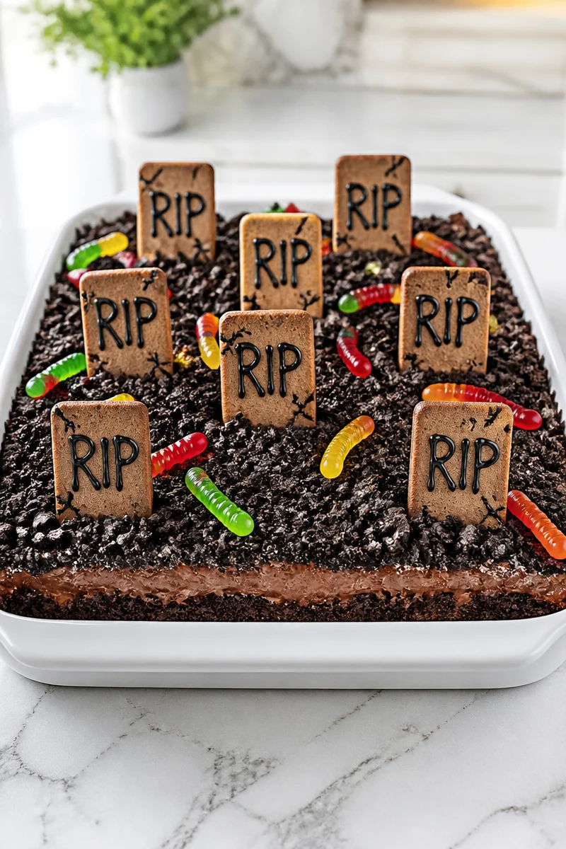 Graveyard Chocolate Dirt Cake with tombstones for Halloween decorations