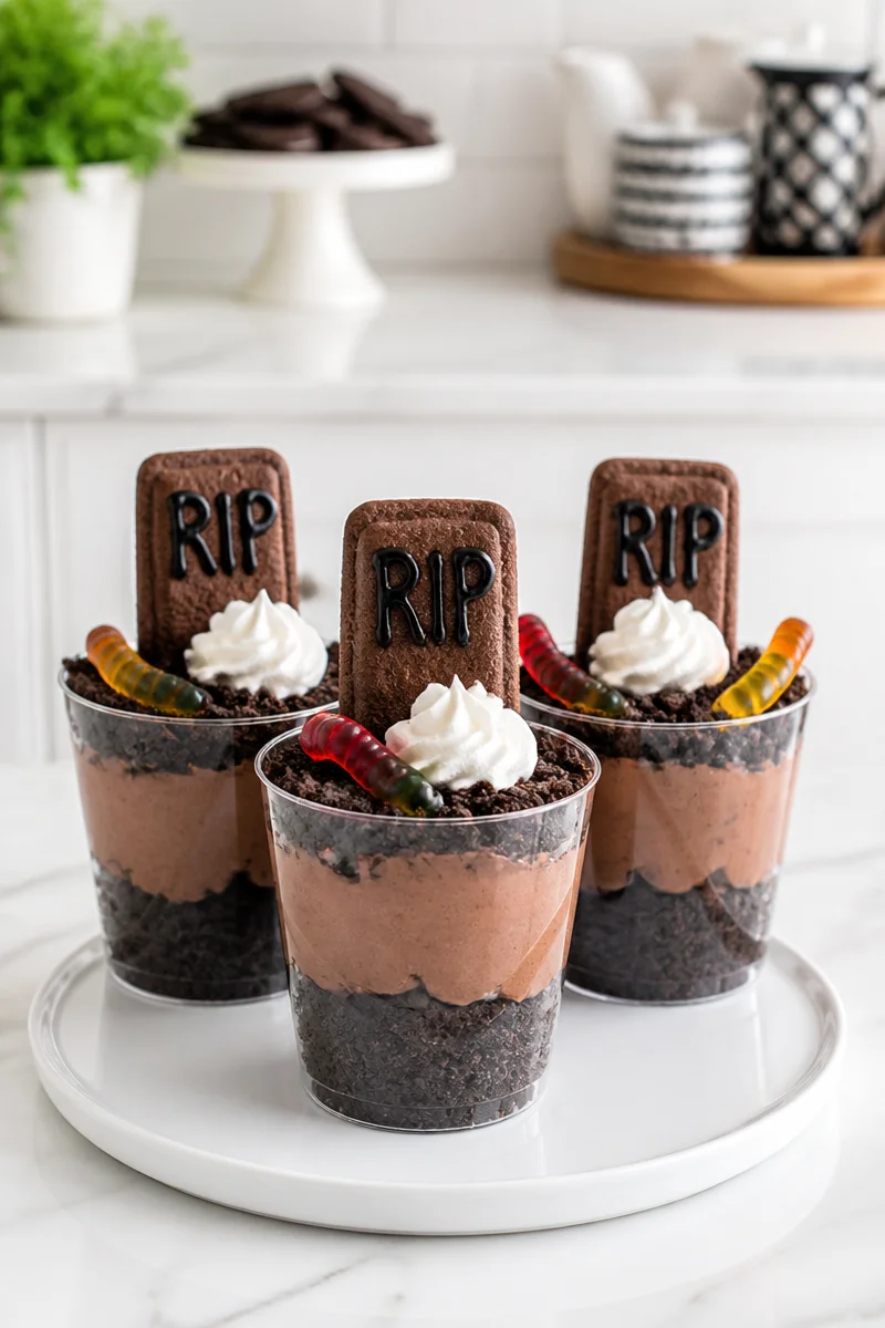 Graveyard Chocolate Mousse Dessert Cup decorated with spooky toppings