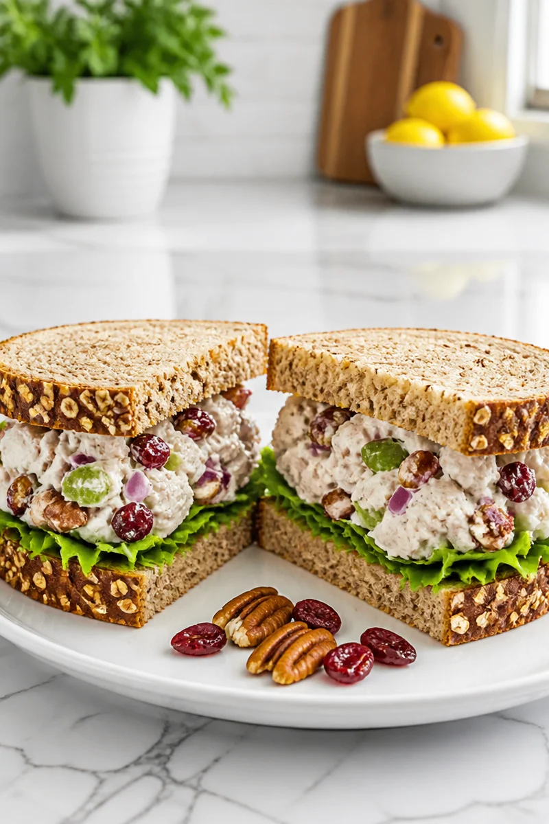 Greek Yogurt Chicken Salad Sandwich with fresh ingredients on whole grain bread