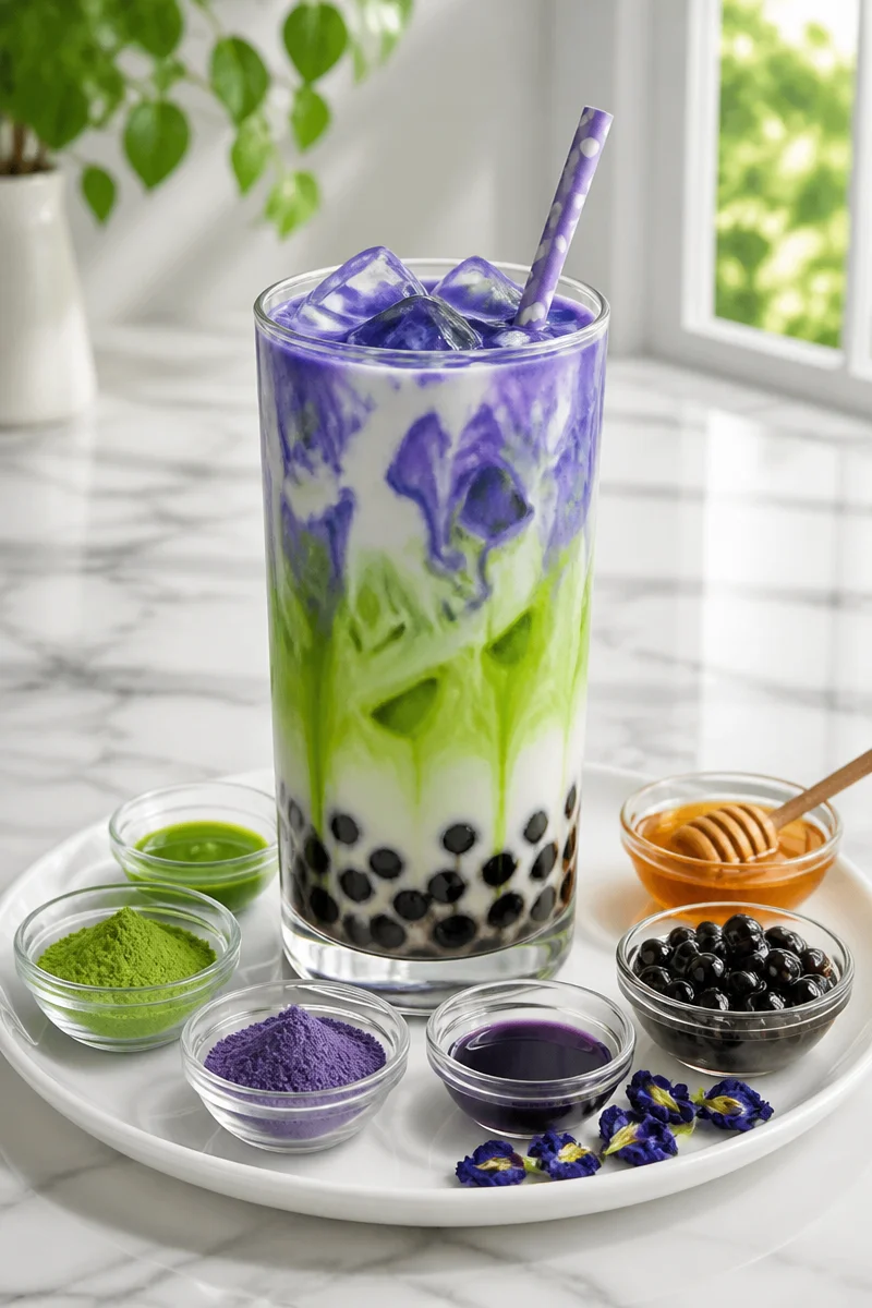 Green Butterfly Pea Matcha Halloween Latte in a spooky-themed cup