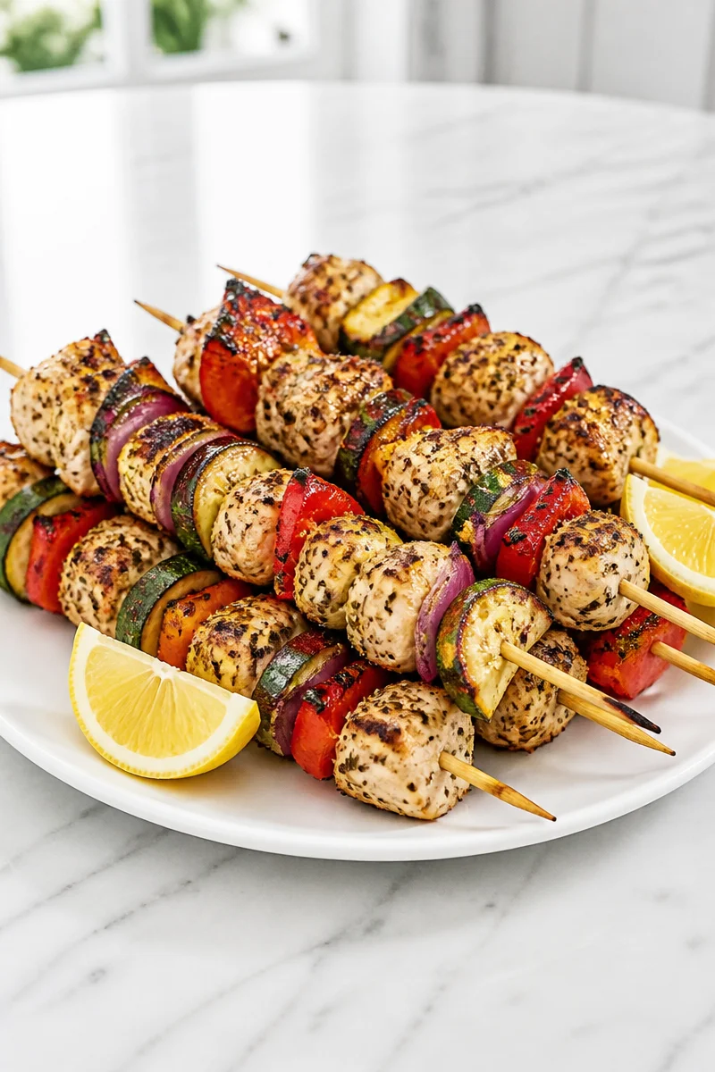 Grilled chicken skewer with colorful vegetable medley on a plate