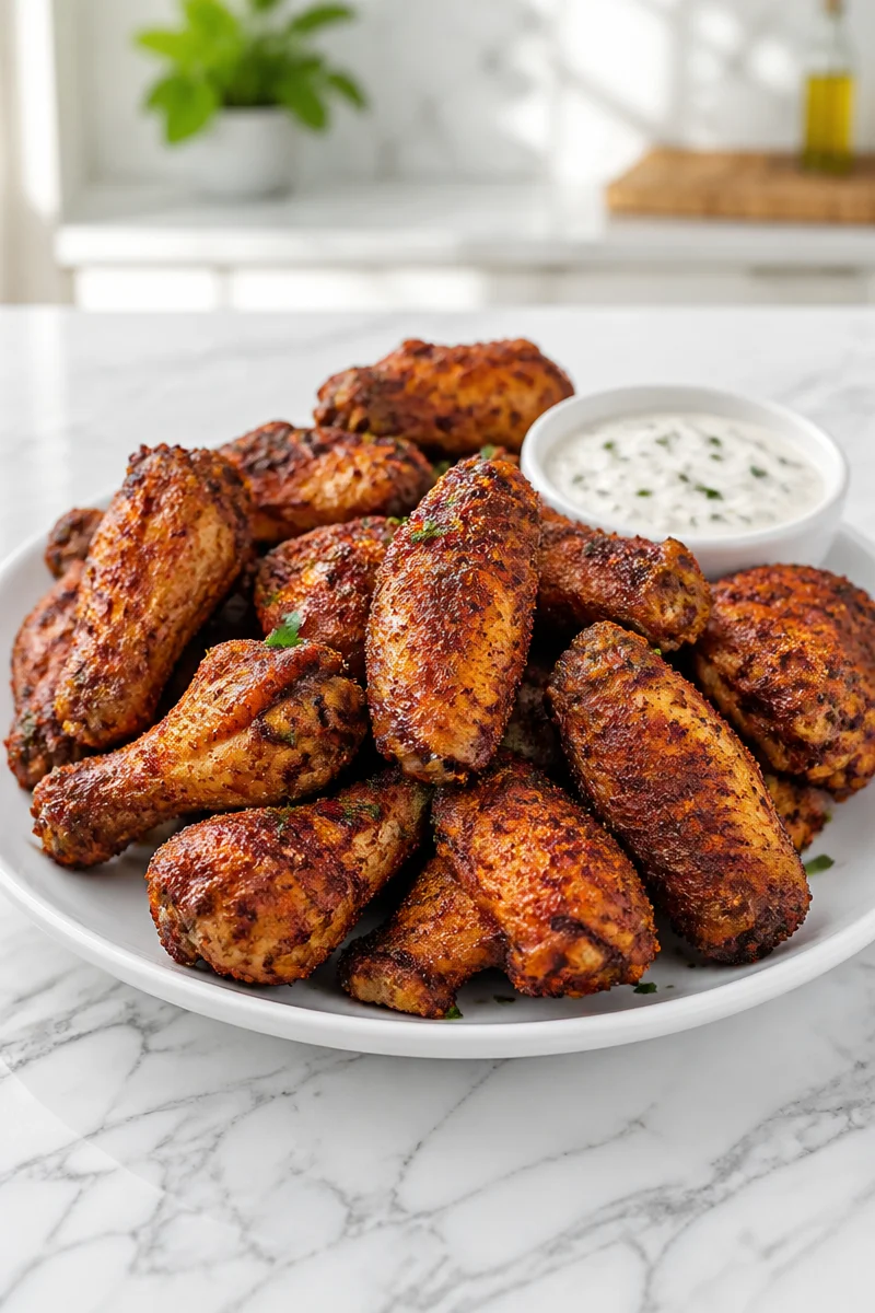 Smoky grilled chicken wings with dry rub on a platter