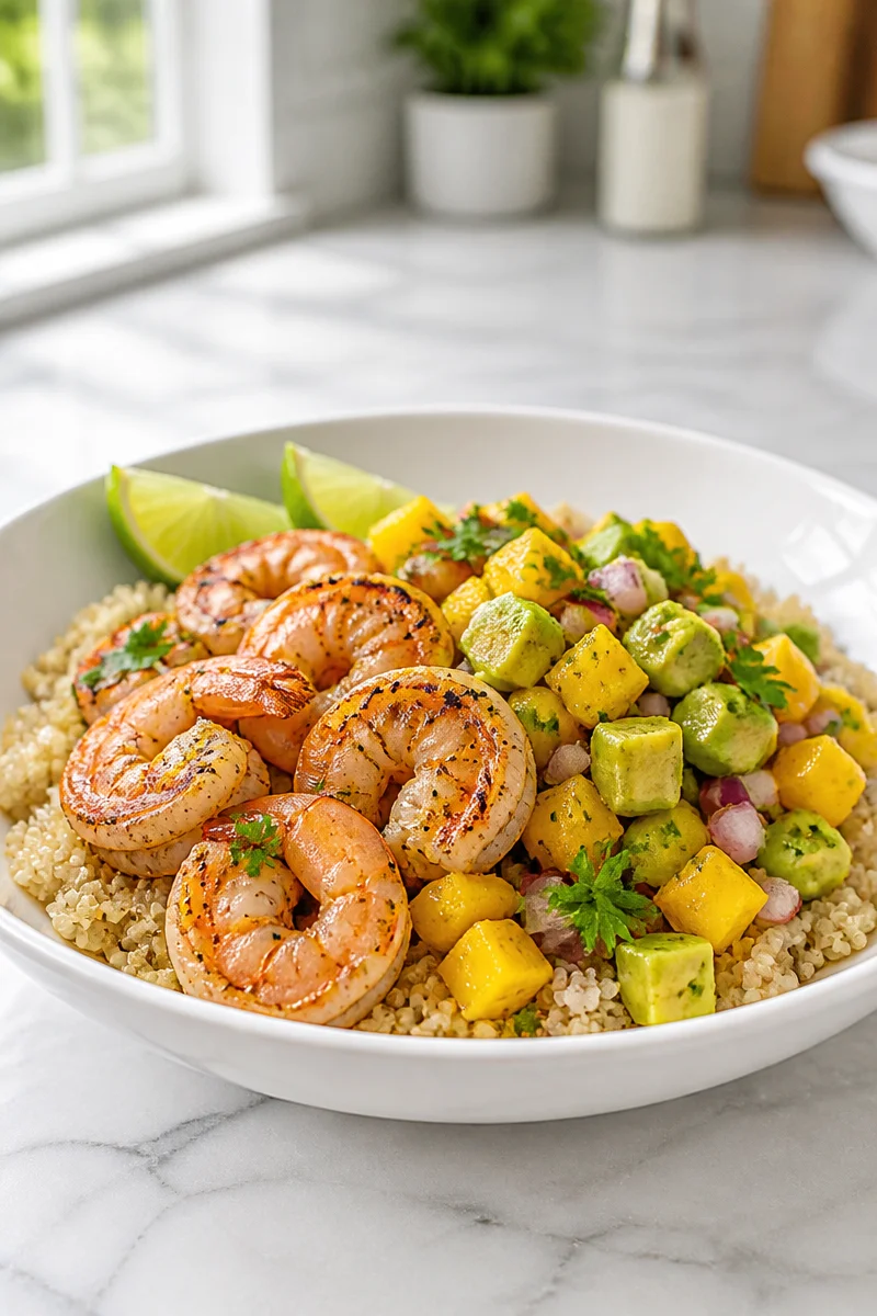 Grilled shrimp bowl with avocado and mango salsa for a fresh meal.