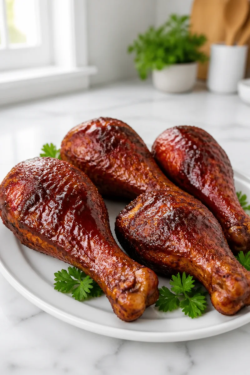 Grilled turkey leg seasoned with BBQ rub and smoked for a delicious flavor