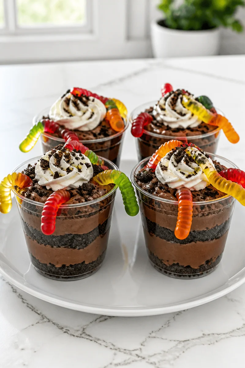 Gummy Worm Chocolate Dirt Cup dessert with chocolate, gummy worms, and crumbled cookies