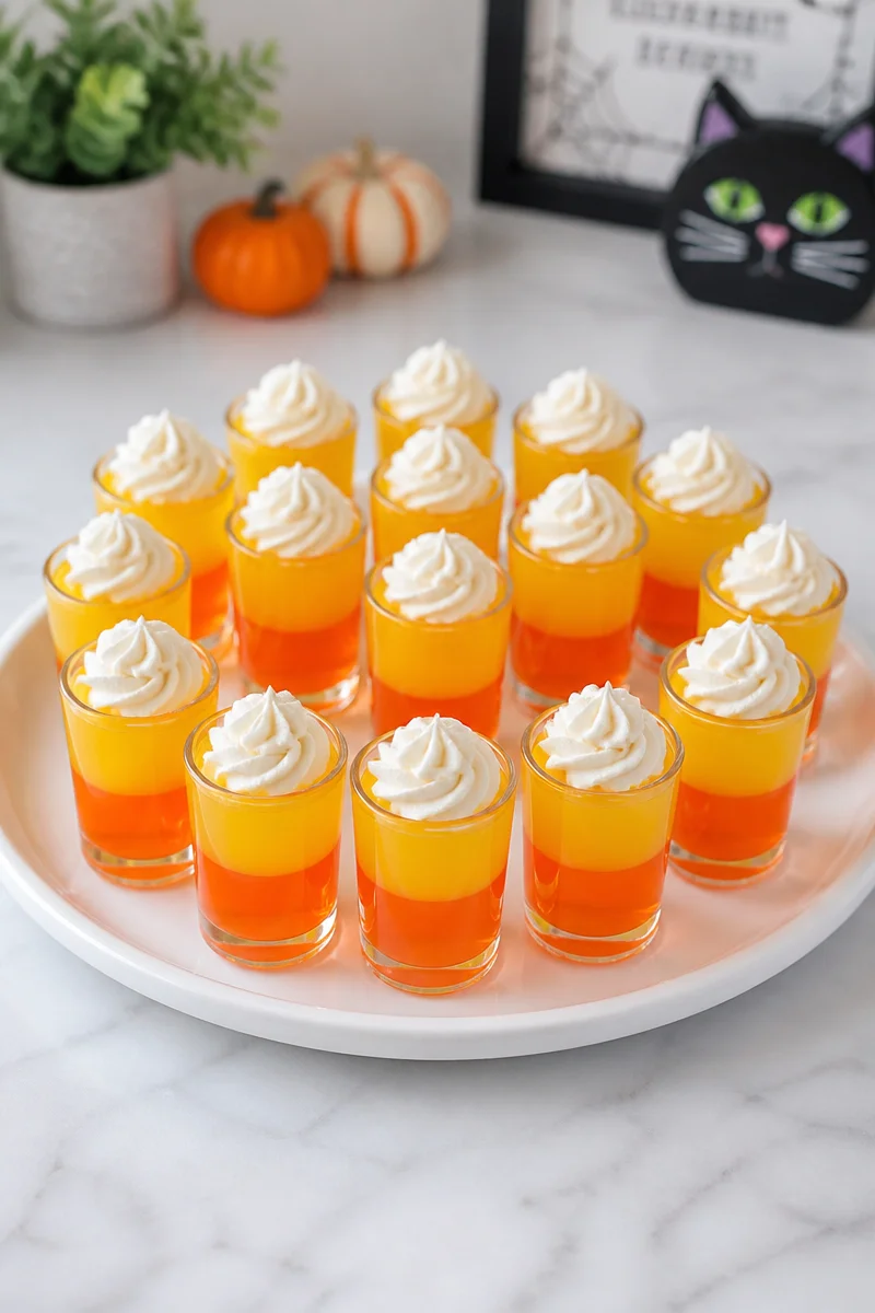 Halloween candy corn jello shot layered in colorful cups