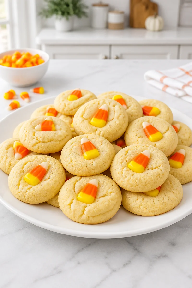Halloween candy corn sugar cookie decorated with candy corn pieces