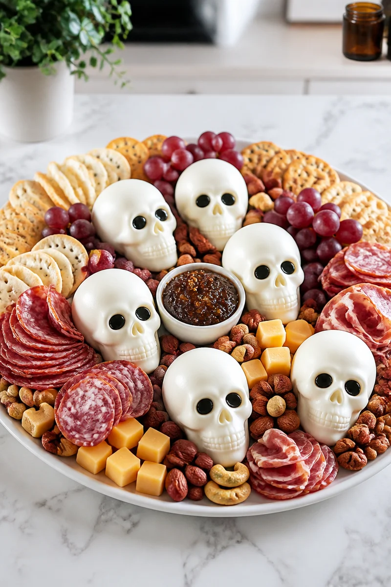 Halloween charcuterie board featuring a mozzarella skull and festive treats