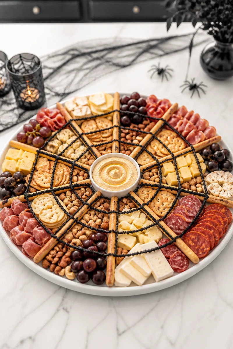 Halloween charcuterie spider web board filled with festive treats and decor