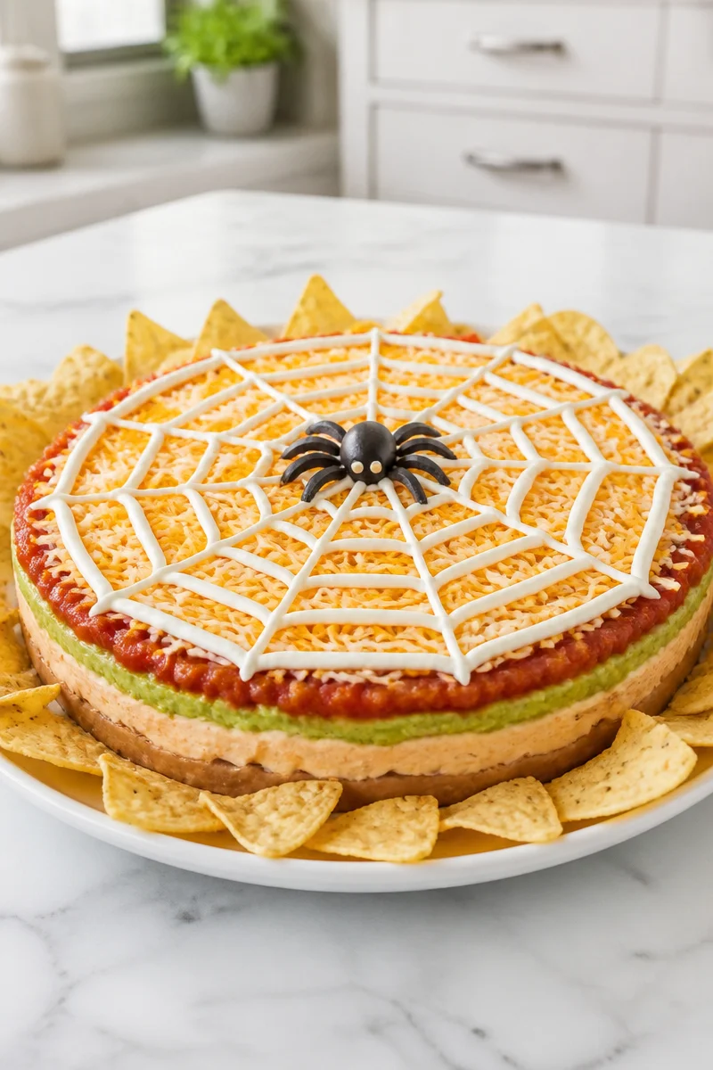 Halloween Cobweb Seven Layer Dip served in a festive platter
