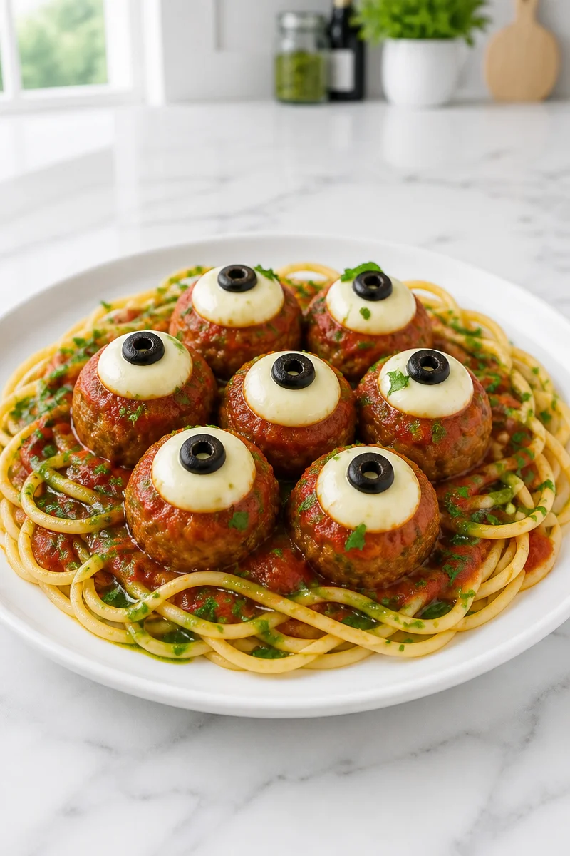 Halloween Eyeball Spaghetti and Meatballs served on a spooky platter