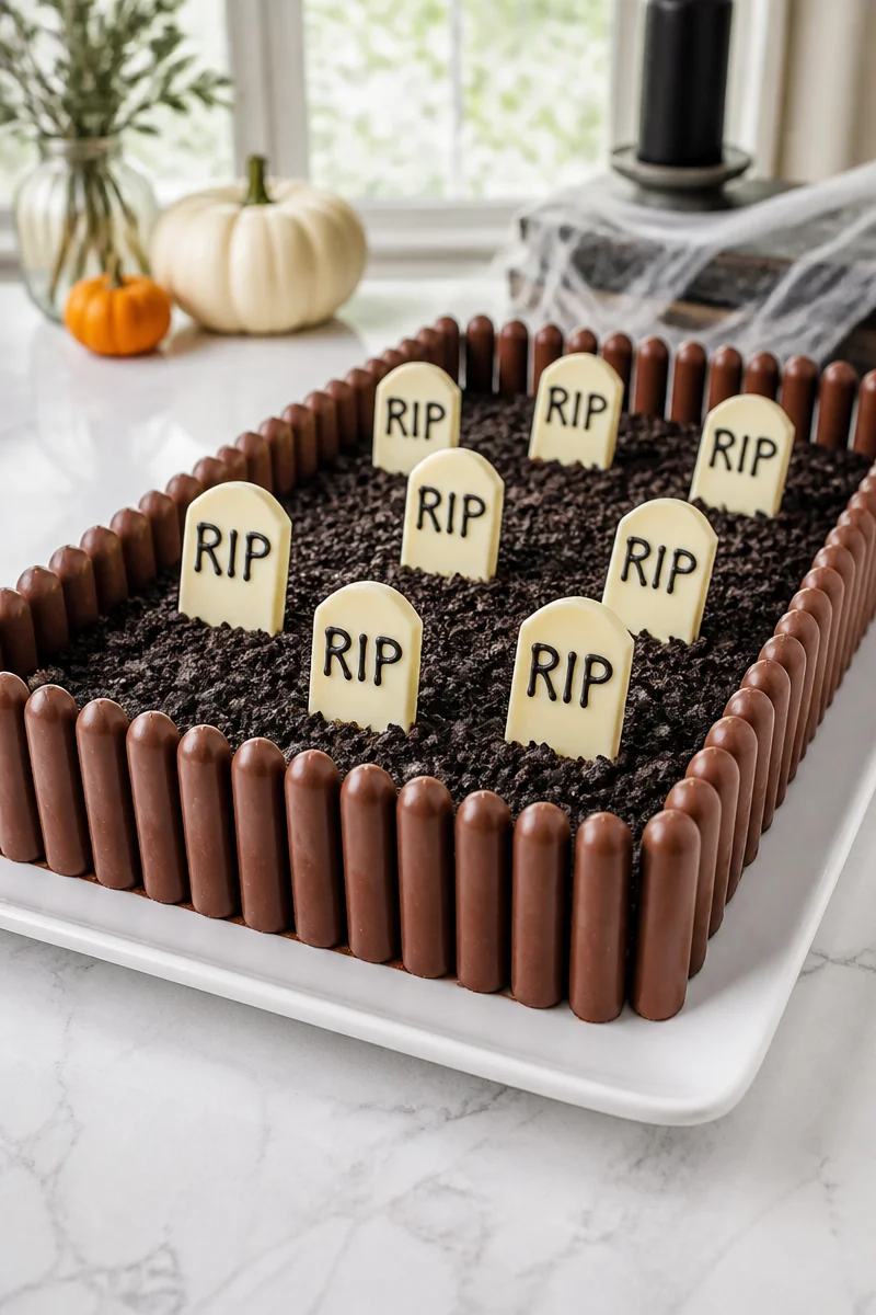Halloween Graveyard Brownie Cake with spooky fence decorations