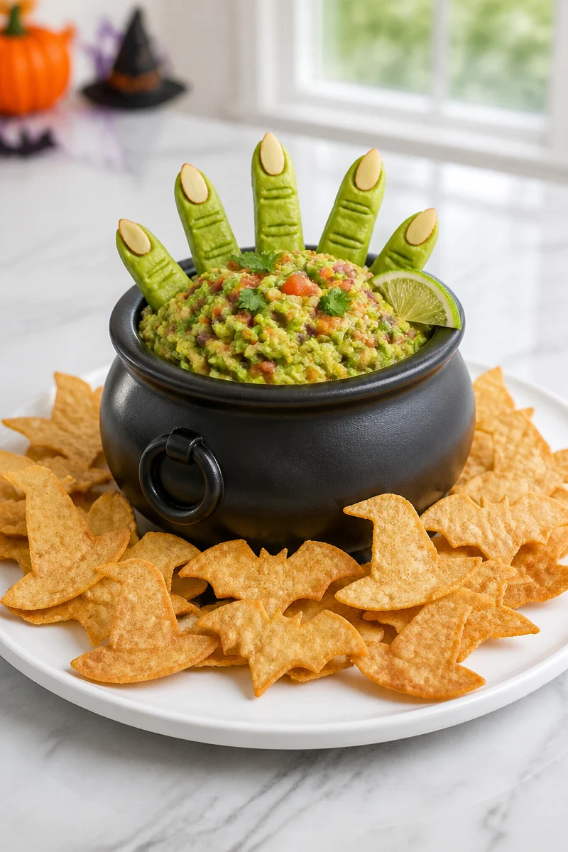 Halloween guacamole with witch finger garnish for spooky parties