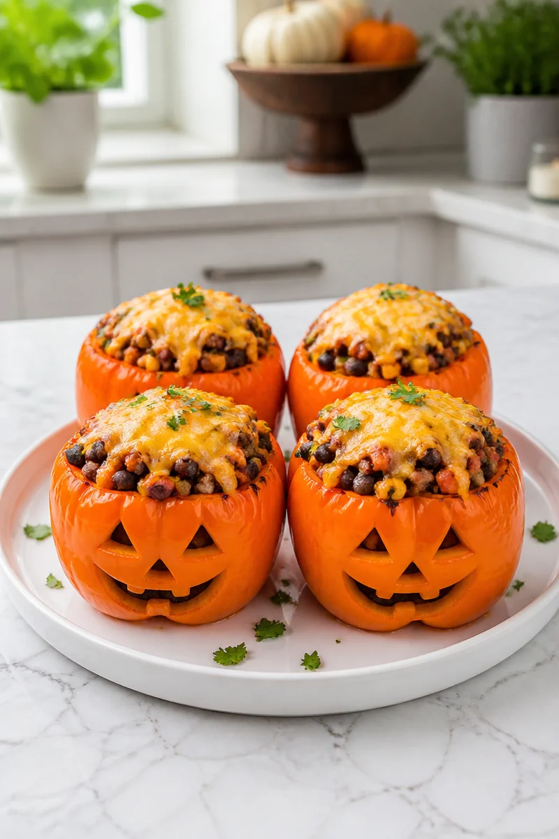 Halloween Jack O Lantern stuffed pepper filled with colorful vegetables