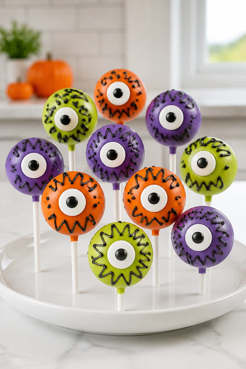 Halloween Monster Eye Cake Pop decorated with colorful icing and candy eyes.