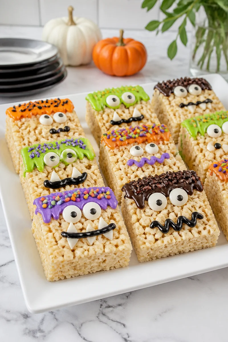 Spooky Halloween Monster Rice Krispie Treats decorated with candy