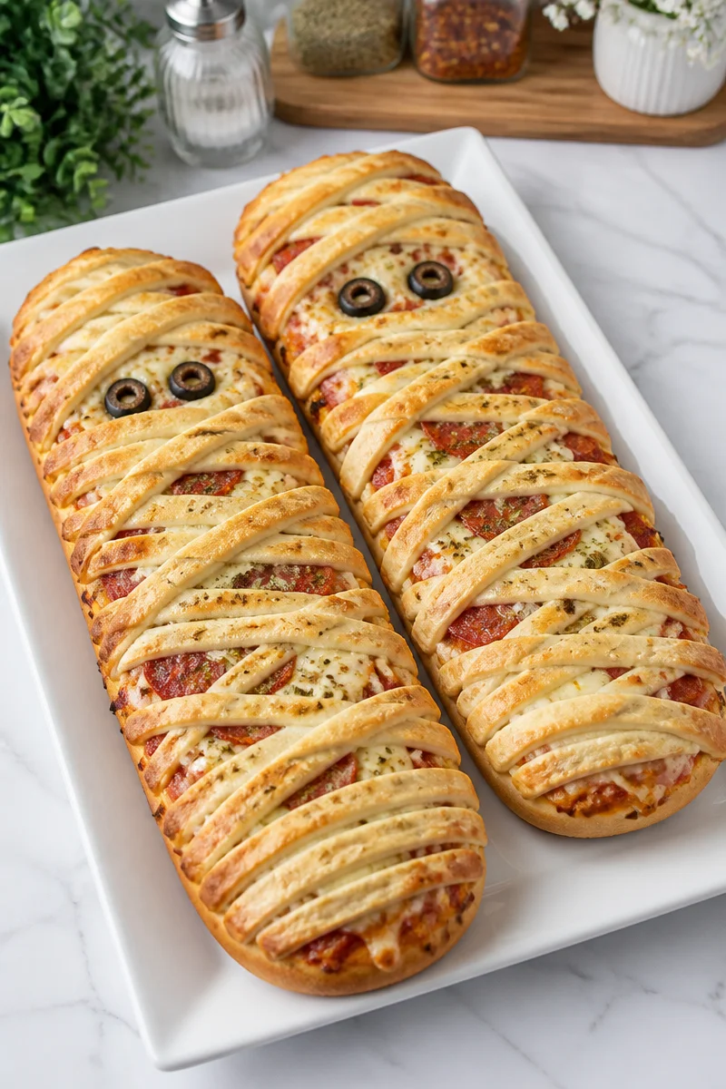 Halloween Mummy French Bread Pizza with cheese and olive eyes