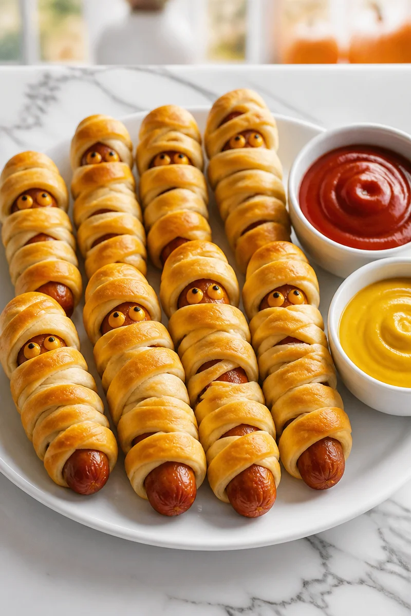 Halloween Mummy Sausage Crescent Rolls ready for a spooky celebration