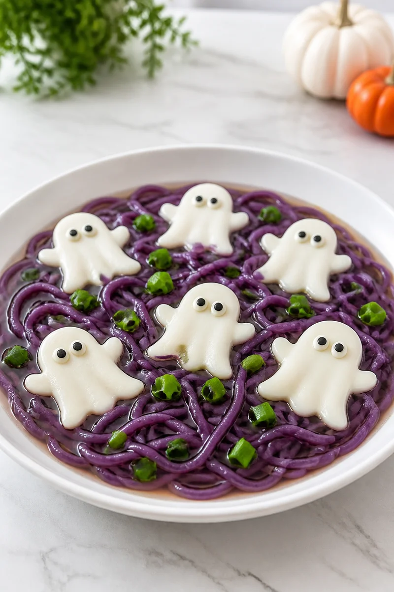 Spooky Halloween Noodle Bowl with purple ghost toppings