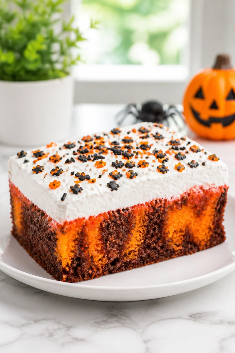 Halloween Poke Cake with Orange Jello and spooky decorations