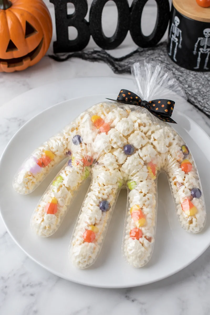 Halloween popcorn served in a fun hand glove for spooky celebrations.