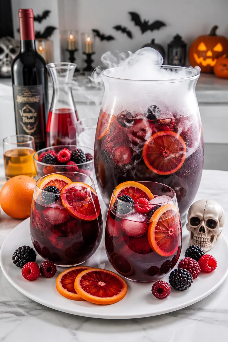 Halloween Sangria with blood orange and berries in a spooky glass
