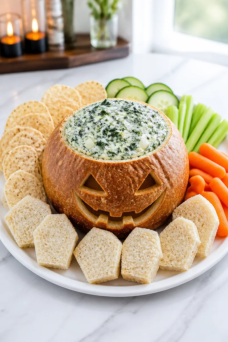 Halloween-themed spinach dip in a bread bowl, perfect for parties